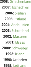 2008: Griechenland 2007: Tschechien 2006: Sizilien 2005: Estland 2004: Andalusien 2003: Schottland 2002: Masuren 2001: Elsass 2000: Schweden 1998: Irland 1996: Umbrien 1995: Lettland